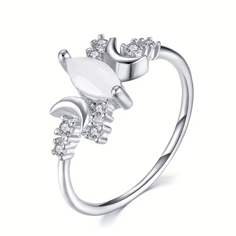 Marquise Imitation Moonstone Ring Copper Cubic Zirconia Crescent Moon Celestial Jewelry Bohemian Style Women Accessory