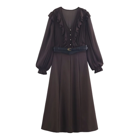 Langarm Maxi Kleid Polyester Chiffon Tiefem V Ausschnitt Rüschen Elegant Einfarbig Braun Mit Schwarzem Ledergürtel