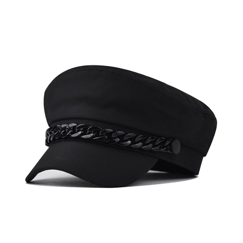 Vintage Women Baker Boy Hat Cotton Blend Octagonal Beret Cap With Fashion Chain Decoration Retro Painter Hat Casual Wear