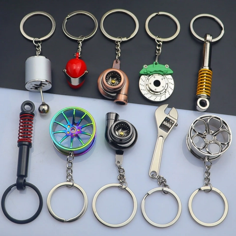 Creative Car Part Keychains Metal Alloy Realistic Miniature Turbo Wheel Hub Gear Shifter Industrial Tuning Style Gift