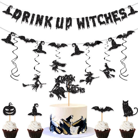 Decorazione Halloween Drink Up Witches Banner E Pendenti Spirali Carta Luccicante Strega Pipistrello