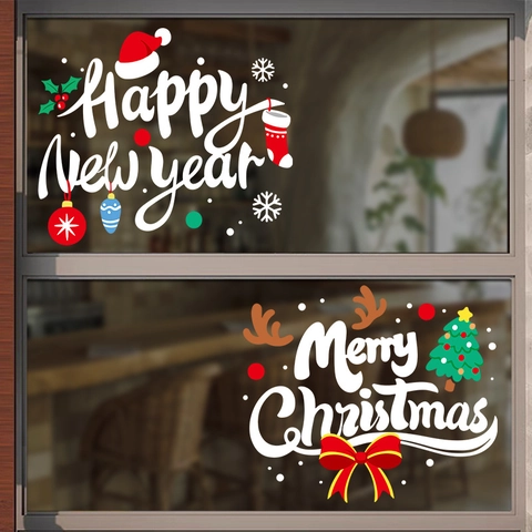 Christmas Window Static Stickers Merry Christmas Happy New Year PVC Glass Decals For Store Home Festival Decor