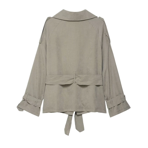 Veste Courte Type Trench Femme Aspect Daim Ceinturée Revers Épaulettes Poignets À Nœud Élégante