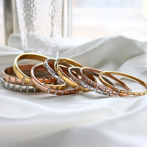 Bracciale Rigido In Acciaio Inossidabile Con Strass Alla Moda Per Donna Semplice Bracciale Placcato Oro Rosa Argento Lucido Gioielli