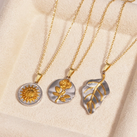 Collana Con Ciondolo Viso Sole Rosa Foglia Acciaio Al Titanio Bicolore Catena O Gioielli Minimalisti Vintage