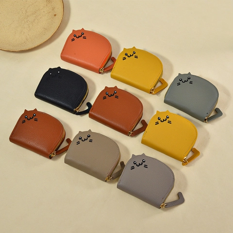 Mini Cat Card Holder Wallet Litchi Grain PU Leather Accordion Multi Slots Zipper Coin Purse Cute Cartoon For Women Girls