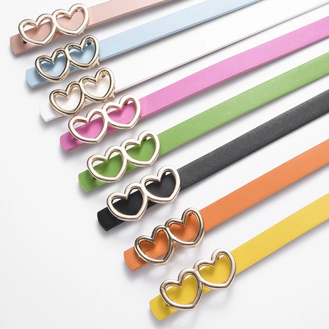 Cintura Sottile in Pelle PU alla Moda per Donna Bambini Fibbia in Lega d'Oro a Doppio Cuore Cintura in Vita Sottile Versatile per Jeans Abiti