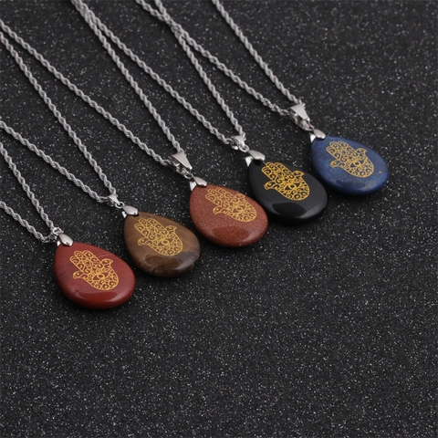 Hamsa Hand Fatima Hand Natural Stone Teardrop Pendant Necklace Stainless Steel Twist Chain Lucky Protection Jewelry For Women