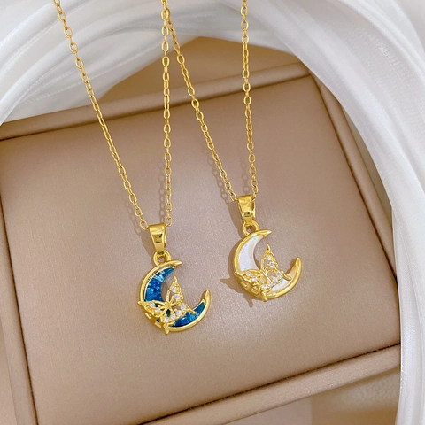 Collar Colgante Luna Mariposa Para Mujer Elegante Cadena De Acero Inoxidable Oro Cobre Concha Diamante De Imitación Joyería