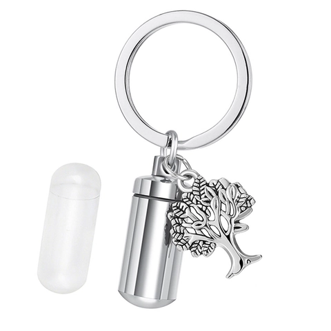 Roestvrij Staal Levensboom Cilindrische Crematie Urn Sleutelhanger As Memorial Hanger Souvenir Sieraden Voor Unisex