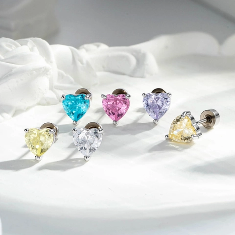 Heart Shaped Zircon Cartilage Ear Stud Titanium Steel Flat Screw Back Piercing Jewelry For Women Sweet INS Style