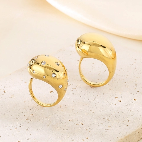 Chunky Dome Ring Edelstahl Tränenform Poliert Mit Strass Verstellbar Offen Modeschmuck Für Damen
