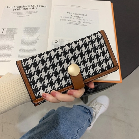 Hounds-tooth Pattern Long Wallet Women Elegant Vintage Fabric Clutch Purse With Round Gold Button And Leather Edging