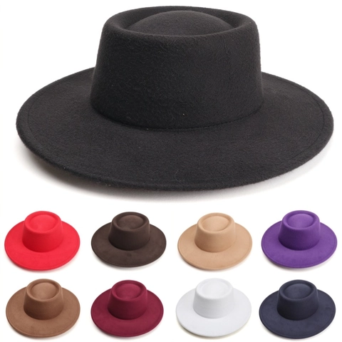 Vintage Flat Top Boater Hat Wide Brim Polyester Felt Jazz Fedora For Party Elegant Retro Style