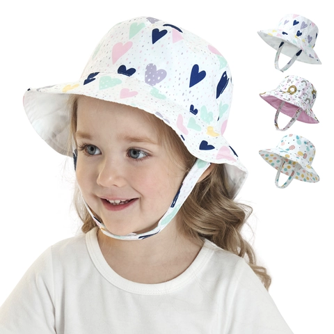 Kids Reversible Bucket Hat Polyester Sun Protection Cartoon Print Adjustable Windproof Strap For Baby Toddler Summer Outdoor