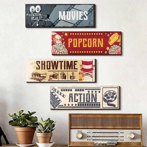 Targhe Da Parete In Legno A Tema Cinema Retrò Stile Industriale Vintage Americano Decorazione Film Popcorn Showtime