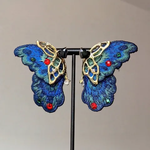 Vintage Ethnic Style Butterfly Embroidery Flower Drop Earrings With 925 Sterling Silver Earring Post Jewelry For Women