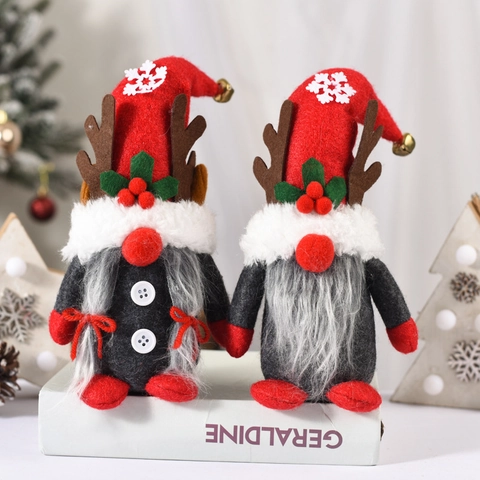 Christmas Gnome Ornament Felt Faux Fur Faceless Reindeer Antler Doll With Bells For Home Office Holiday Window Decor