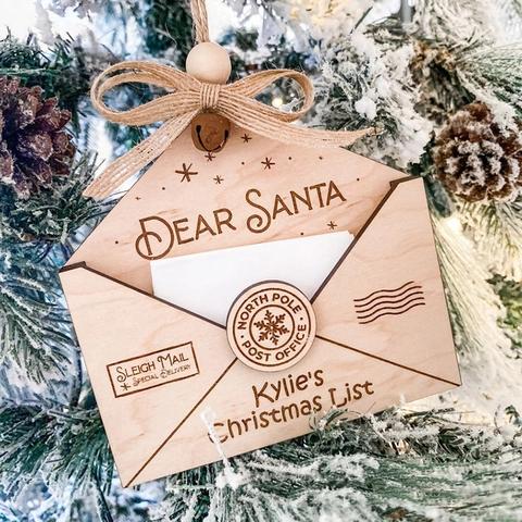 Wooden Christmas Envelope Hanging Ornament Dear Santa Letter Engraved Wood Decor With Bell Hemp Rope Bow Rustic Holiday