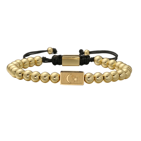 Men Beaded Bracelet With Stainless Steel Metal Beads Star Moon Embossed Plate Adjustable Hand Woven Cord Jewelry