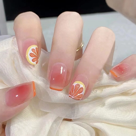 Summer Fruit Orange Lemon Press On Nails Kurz Rund Farbverlauf Gelb Abnehmbare Künstliche Falsche Nägel Für Frauen