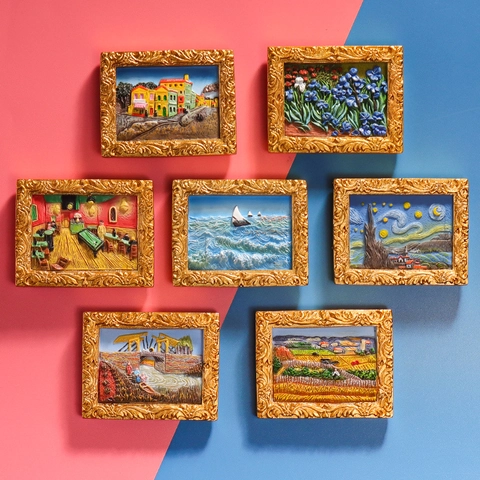 Van Gogh World Famous Painting Refrigerator Magnet 3D Resin Relief Gold Frame Magnetic Home Kitchen Art Decor