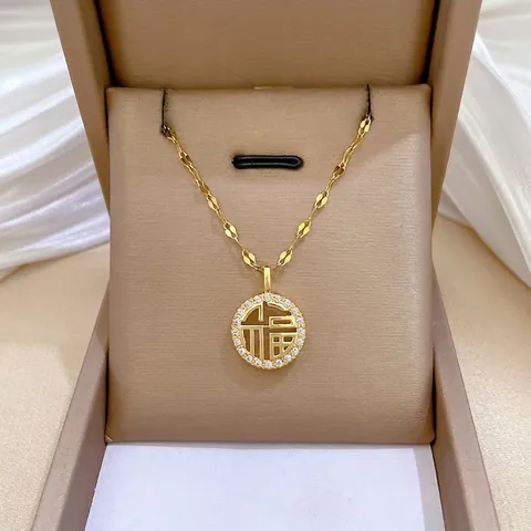 Collana Con Ciondolo Carattere Fu Acciaio Al Titanio Rame Oro Catena Di Clavicicola Micro Strass Intarsiato Stile Cinese Per Donne