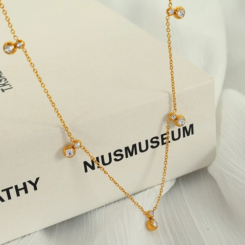 Stainless Steel Necklace Gold Plated With Round Bezel Set Zircon Crystal Pendants Minimalist Elegant Jewelry For Women