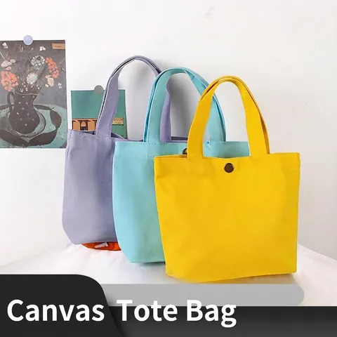 Leinwand Handtasche Kleine Tragetasche Metall Druckknopf Einfarbig Tragbare Kosmetiktasche Lunchbeutel Für Frauen Minimalistisch