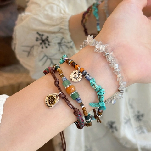 Bohemian Natural Stone Beaded Bracelet Multi Layer Handmade Woven Wax Rope Turquoise Crystal Sun Charm Ethnic Jewelry Women