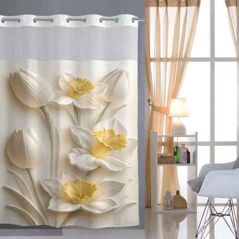 Tenda Da Doccia E Tappetino Bagno In Poliestere Impermeabile Motivo Floreale 3D Senza Ganci Finestra Rete Fondo Magnetico