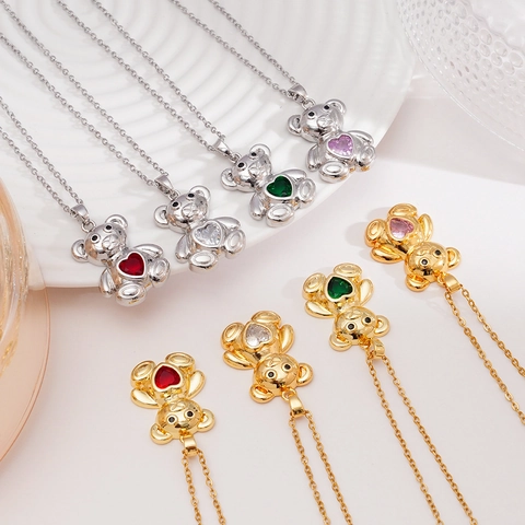 Moda Collana Con Ciondolo a Orso Placcato Oro Argento in Rame Zirconia a Cuore Catena per Clavicola Gioielli Donna Regalo