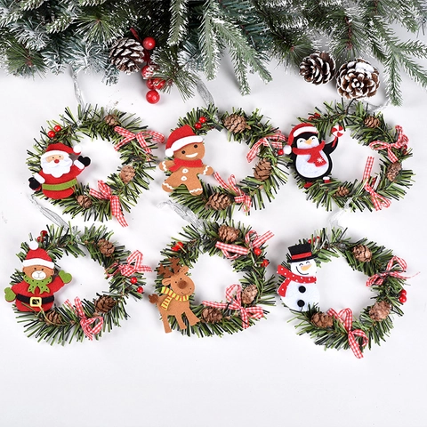 Mini Christmas Wreath Hanging Ornaments PVC Pine Cones Felt Dolls Santa Snowman Reindeer Holiday Home Decorations