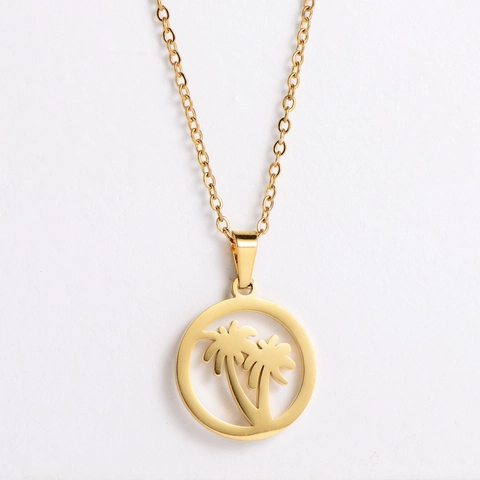 Collana E Orecchini A Palma Incisa Acciaio Inossidabile Placcato Oro 18K Ciondolo Tondo Albero Di Cocco Tropicale Per Donna Stile Minimalista