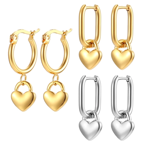 Boucles D'oreilles Créoles En Acier Inoxydable Avec Pendentif Coeur Doré Géométrique Pour Femmes