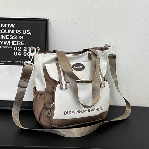 Large Capacity Women Canvas Shoulder Bag Contrast Color Tote Zipper Multi Pocket Casual School Commuting Handbag