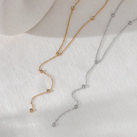 Minimalist Y-Shaped Zircon Tassel Necklace Stainless Steel PVD Gold Plated Dainty Fine Chain For Women