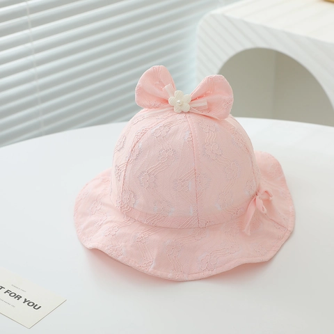 Baby Girl Princess Lace Sun Hat Breathable Mesh Fisherman Hat With Large Bow Flower Artificial Pearl Infant Toddler Sun Cap