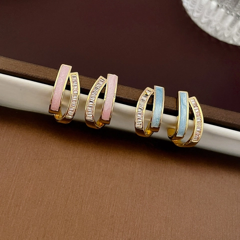 Geometric C-Shape Double Layer Stud Earrings Gold Plated Copper Zircon Enamel With 925 Sterling Silver Earring Post