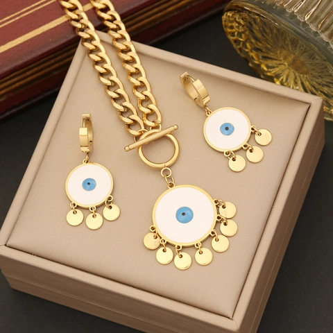 Evil Eye Schmuck Edelstahl Emaille Anhänger Halskette Armband Ohrringe Ring Für Frauen Retro Ins Stil