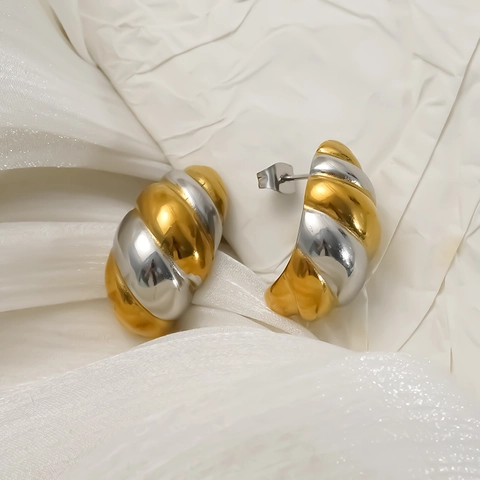 Orecchini A Bottone Torsione Acciaio Inossidabile 304 Placcato Oro 18k Bicolore Geometrico Gioielli Per Donna