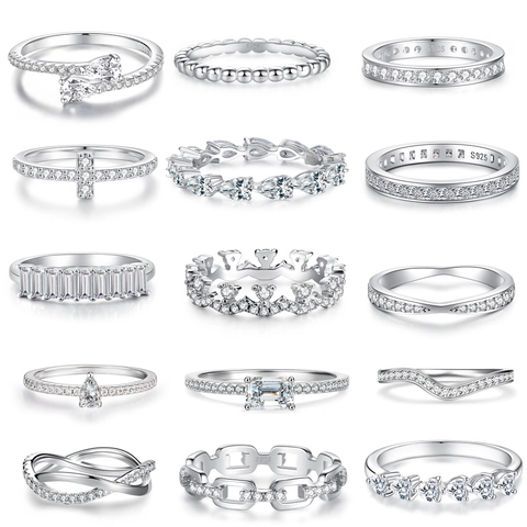 925 Sterling Silver Minimalist V-Shaped Eternity Band Ring For Women Pave Rhinestone Stackable Finger Ring Fashion Jewelry