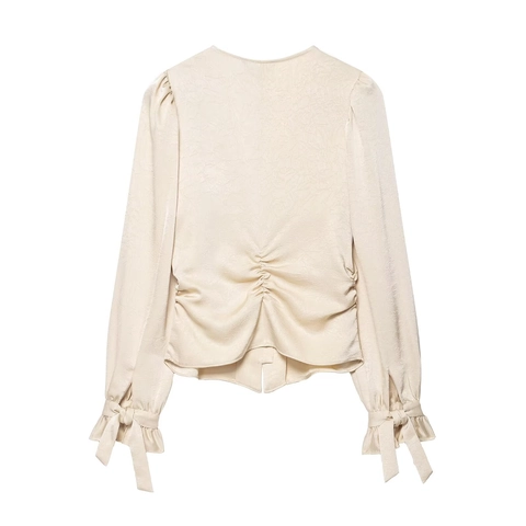 Elegante Jacquard Satin Bluse V Ausschnitt Goldene Knöpfe Laternenärmel Schleife Manschette Geraffte Rückseite Damen