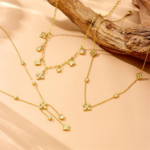 Stainless Steel Necklace Rhinestone Clover Teardrop Pendant French Retro Luxury Gold Plated Jewelry For Women
