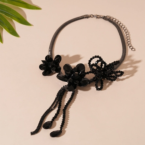 Collar Choker Gótico De Flor Negra Con Cuentas De Vidrio Y Borlas Aleación Cadena De Serpiente Joyería Vintage Para Mujer