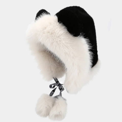 Gorro Con Orejeras De Felpa De Invierno Piel De Conejo Sintética Lindas Orejas De Animales Pompones Color De Contraste Cálido Suave Resistente Al Viento Para Mujeres