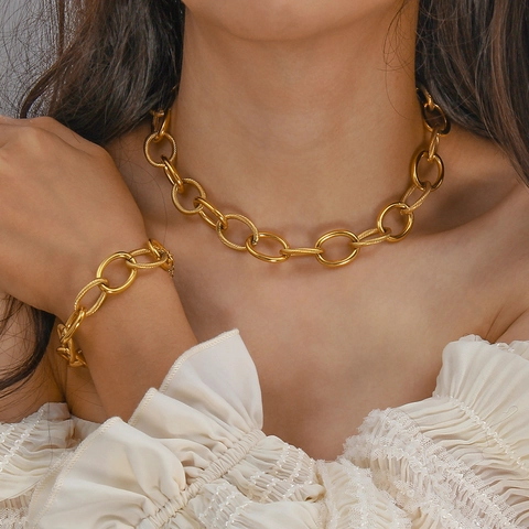 Ensemble Collier et Bracelet à Grosse Chaîne en Acier Inoxydable Plaqué Or Punk Bijoux Ras du Cou Géométriques pour Femme Cadeau