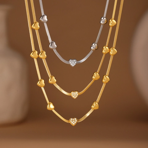 Heart Pendant Necklace Stainless Steel Zircon Snake Chain Herringbone Layered Fashion Jewelry For Women