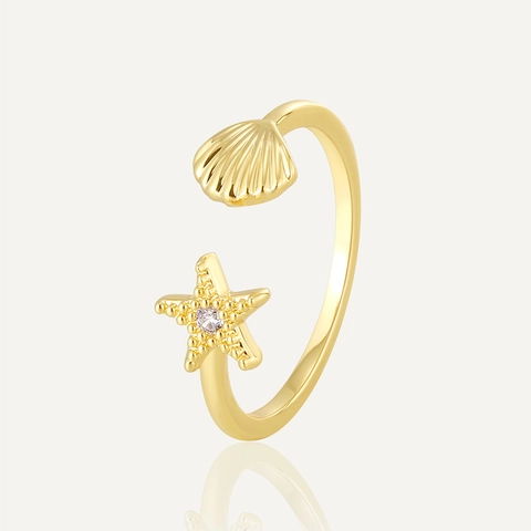 Französischer Vintage Gold Plated Kupfer Seestern Muschel Offener Ring Für Damen Verstellbar Meer Element Zirkonia Schmuck Geschenk