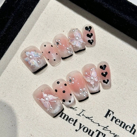 Uñas Postizas Hechas A Mano Estilo Francés Puntos Negros Perla Artificial Mariposa Corazón Efecto Ojo De Gato Manicura Elegante
